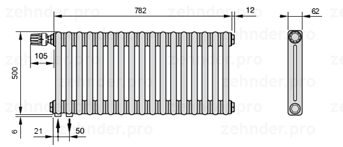Схема (чертеж) Радиатор Zehnder Charleston 2050/17 №V001 Белый глянцевый RAL 9016